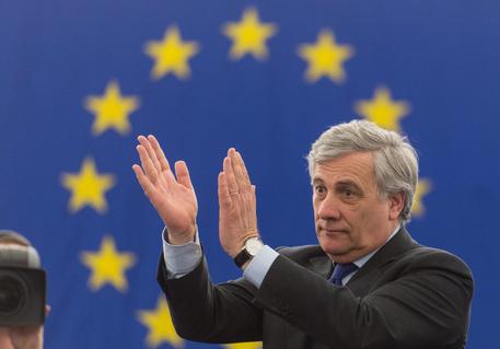epa05725493 The new president of the european parliament Antonio Tajani from the Group of the European People's Party (EPP) cheers after being elected at the fourth round of voting at the European Parliament in Strasbourg, France, 17 January 2017. The 63-year-old Italian Antonio Tajani was former industrial commissioner nominated by the Group, he replaces the outgoing president Martin Schulz.  EPA/PATRICK SEEGER